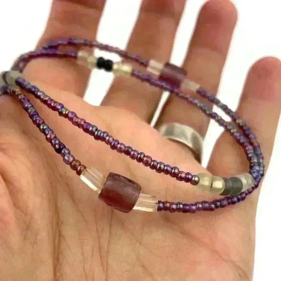 Purple Mini Seed Bead Necklace Layered Iridescent Glass Frosty Jewelry 17" - Picture 1 of 11